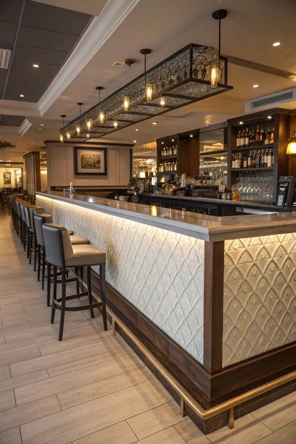 Contrast achieved with mixed finishes for a striking bar design.