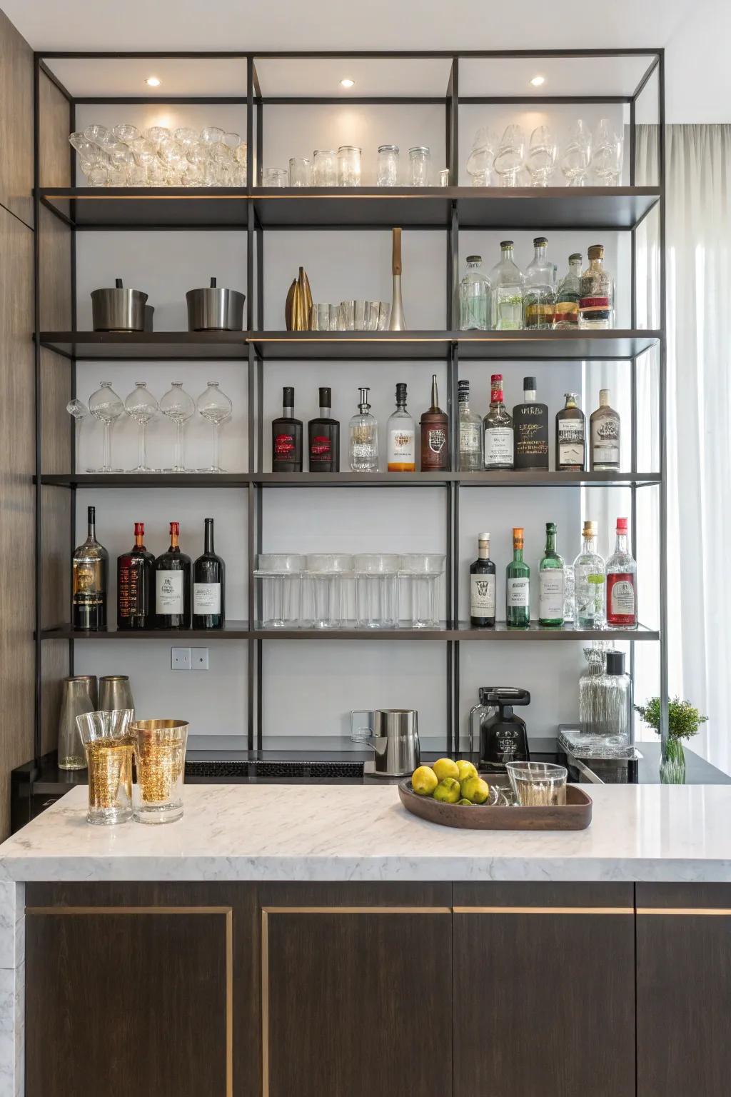 Minimalist metal shelving offers a streamlined and modern design for your bar.