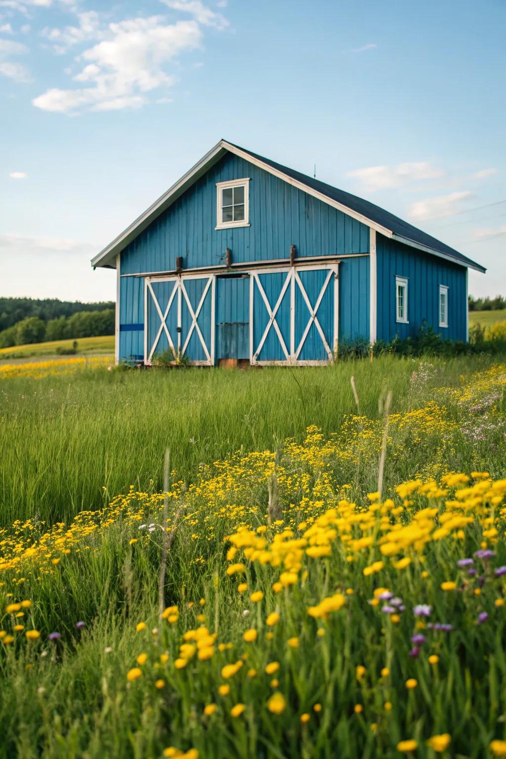 A fun azure barn that introduces a splash of color to the panorama.