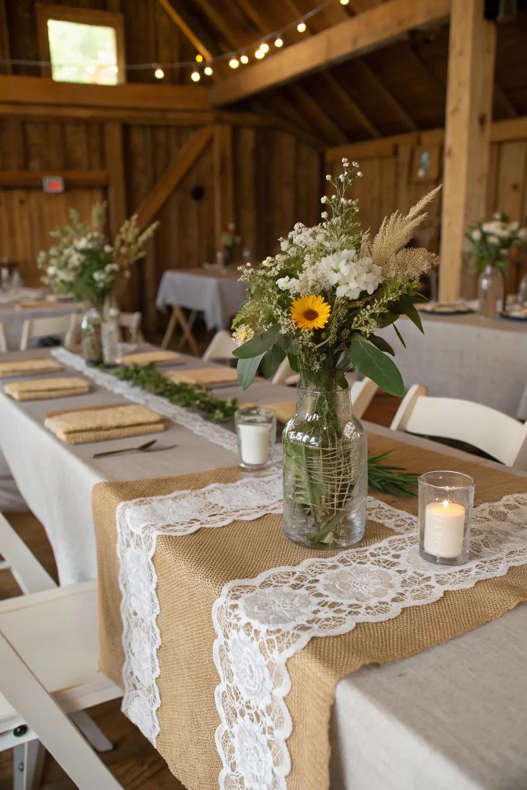 Countryside table decorations mix simpleness with beauty.