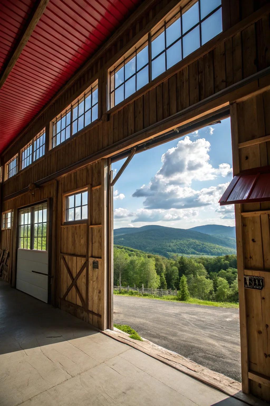 Big windows connect the barn garage with the beauty of nature.