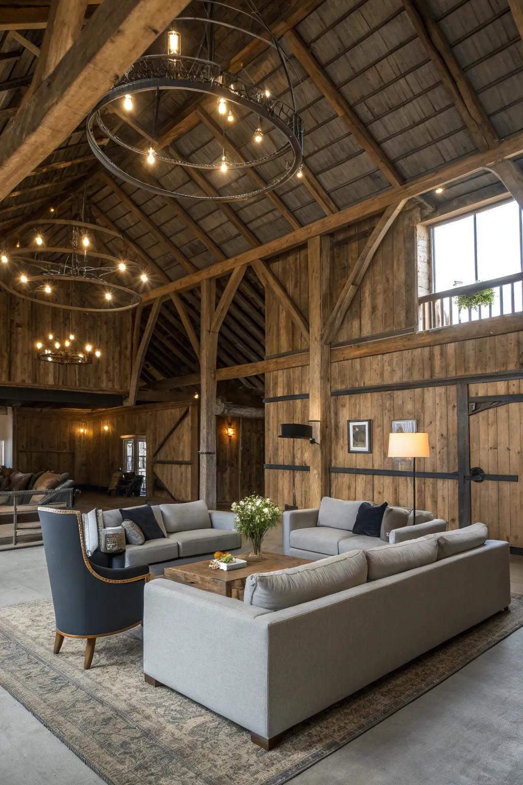 A barn loft balancing country appeal with modern design features.