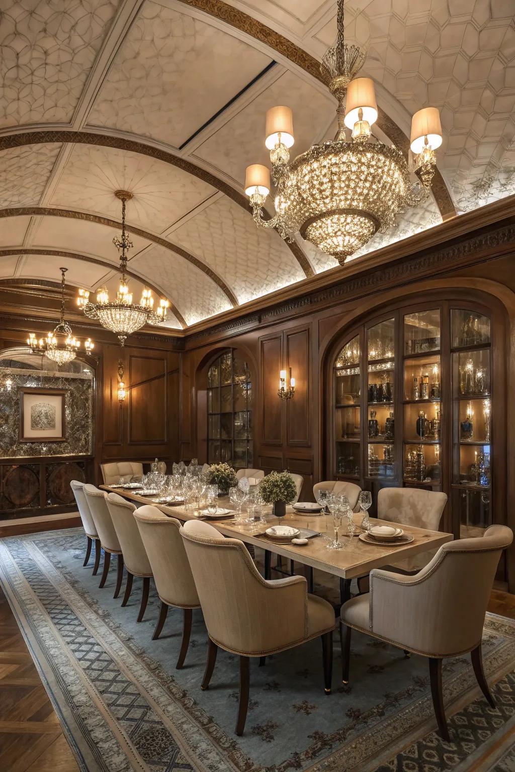 An elegant dining room featuring a sophisticated vaulted ceiling.