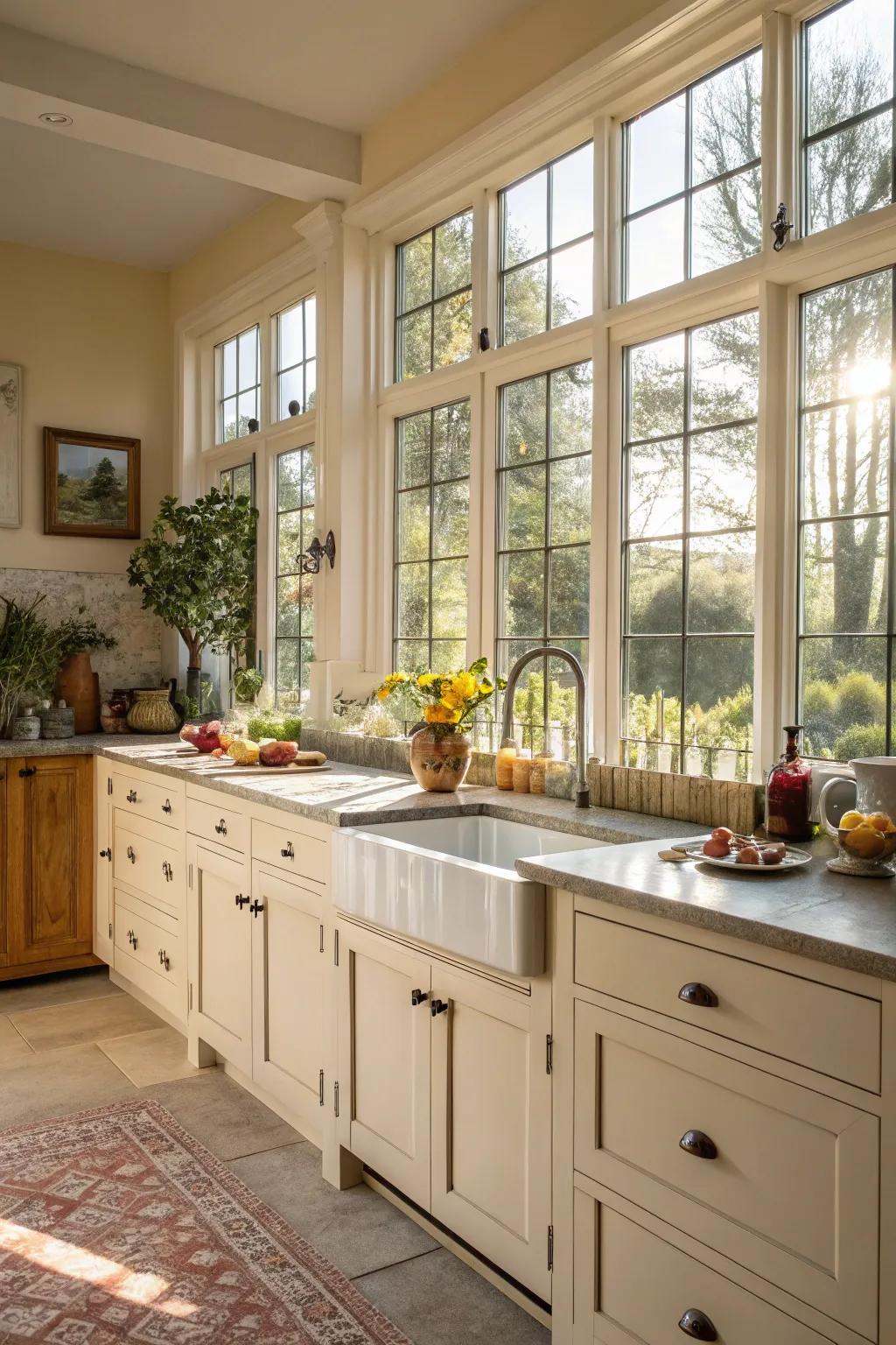 Sunlight enhances the kitchen's inviting atmosphere.