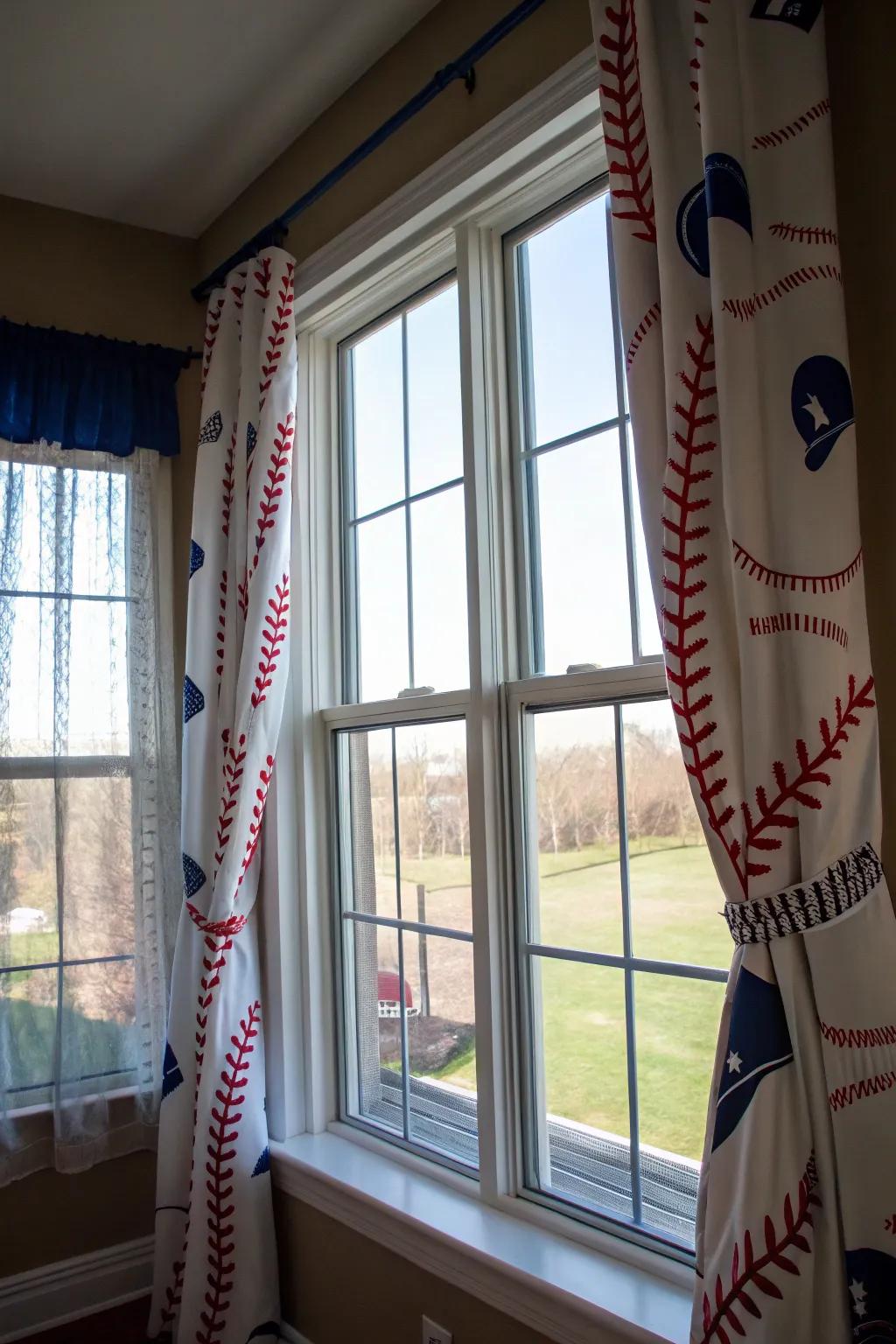 Elevate your windows with baseball-themed curtains.