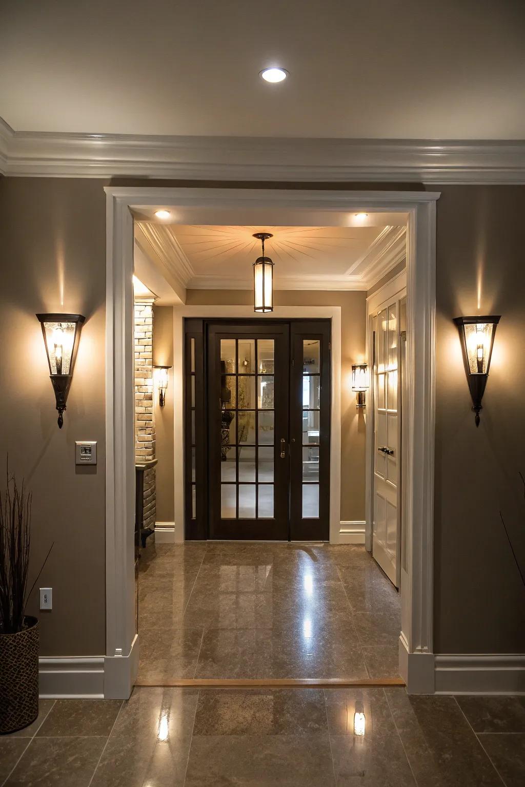 Strategic lighting enhances the aesthetic appeal of the basement door.