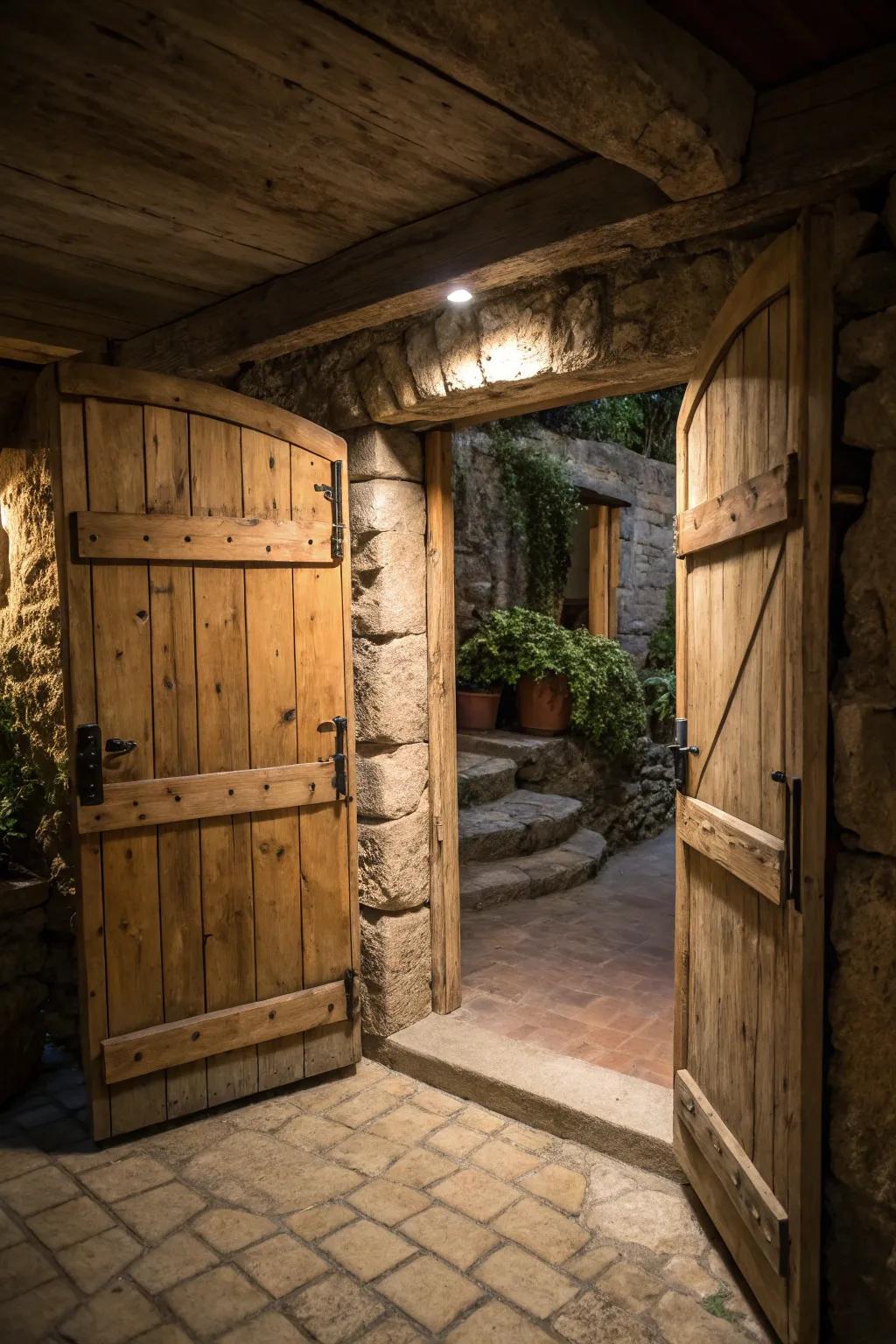 Wooden doors radiate warmth and rustic charm.