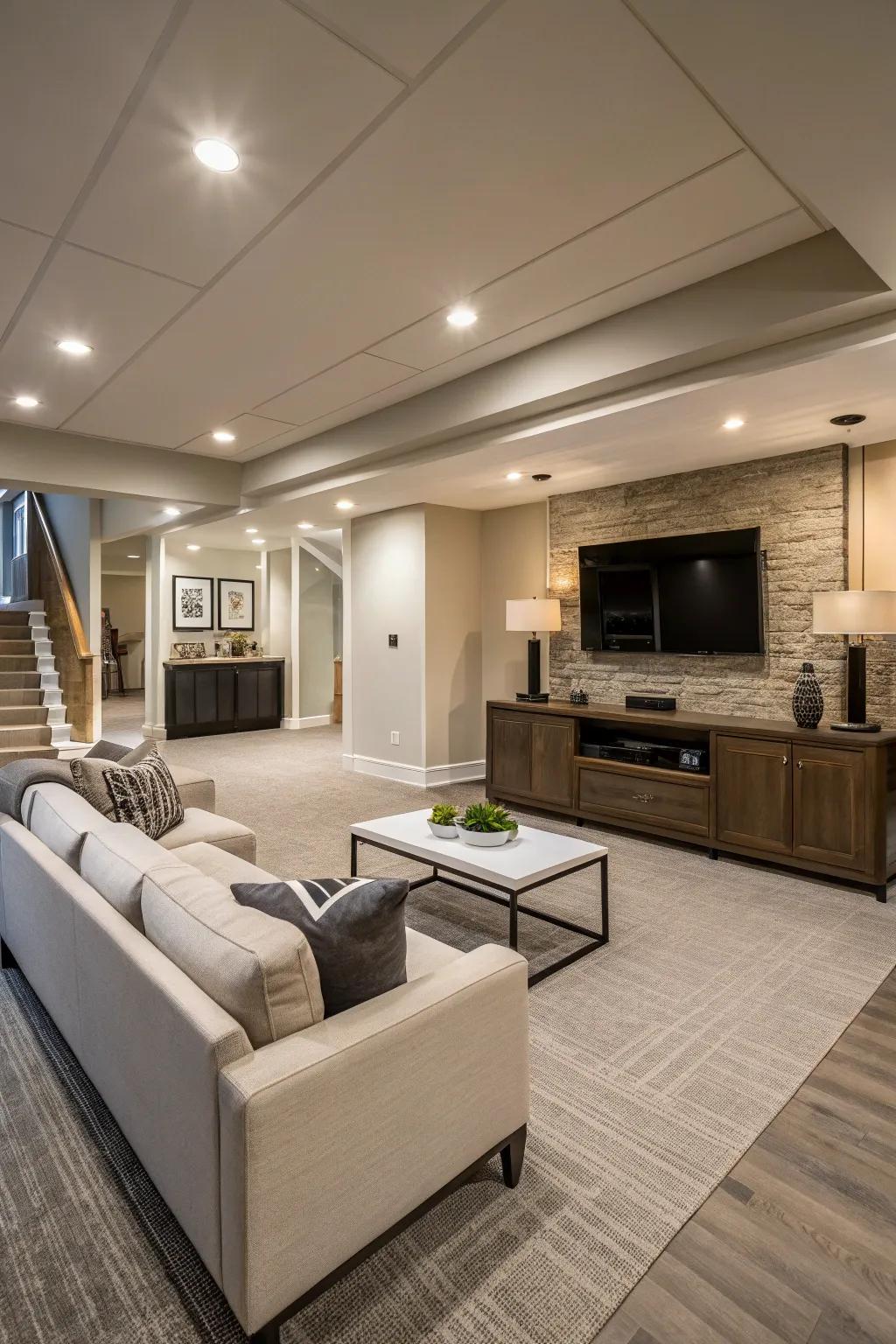 An open plan delivers a sense of spaciousness in this basement getaway.