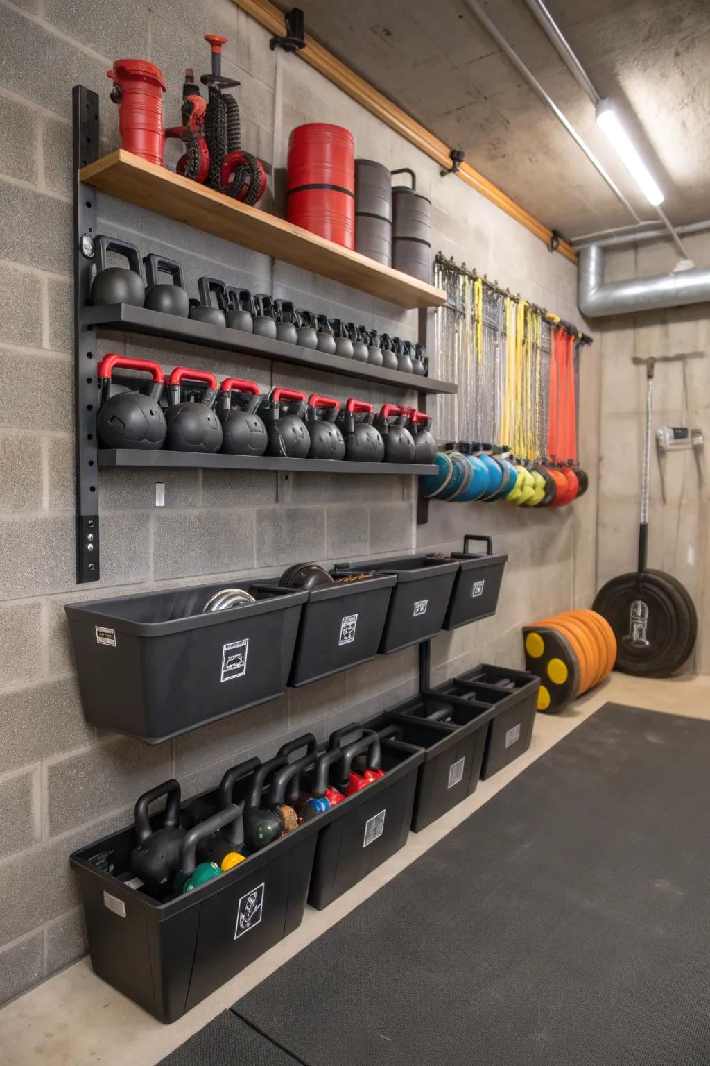 Efficient storage methods maintain an accessible and tidy gym.