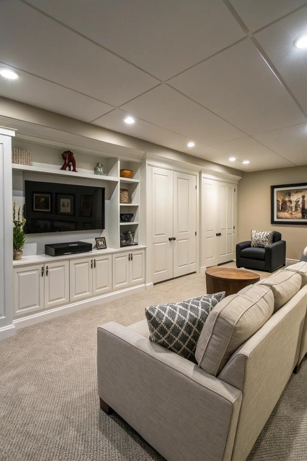 Concealed storage ensures the media room remains tidy and clutter-free.