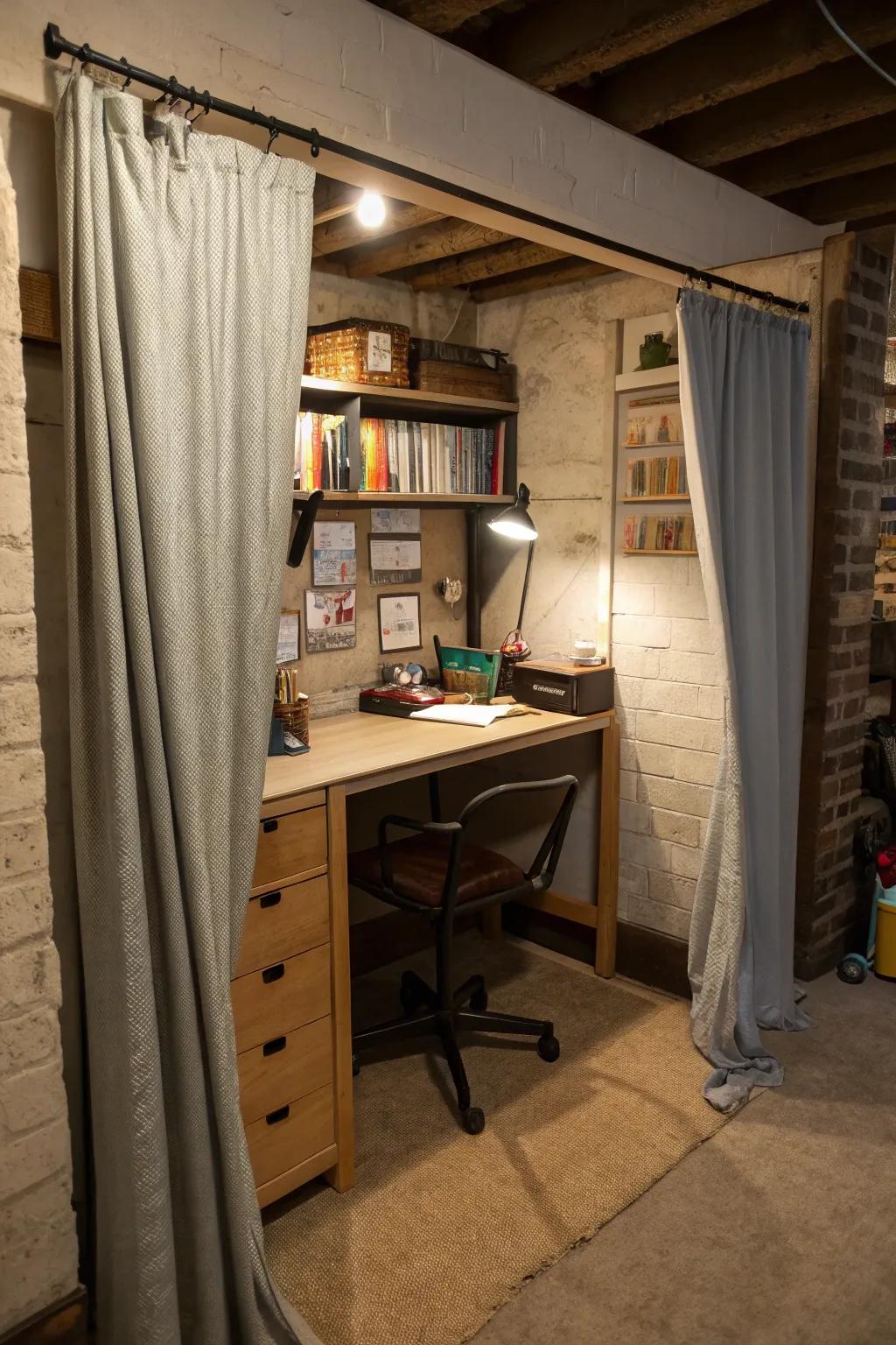 A concealed workspace sustains the neatness of the basement.