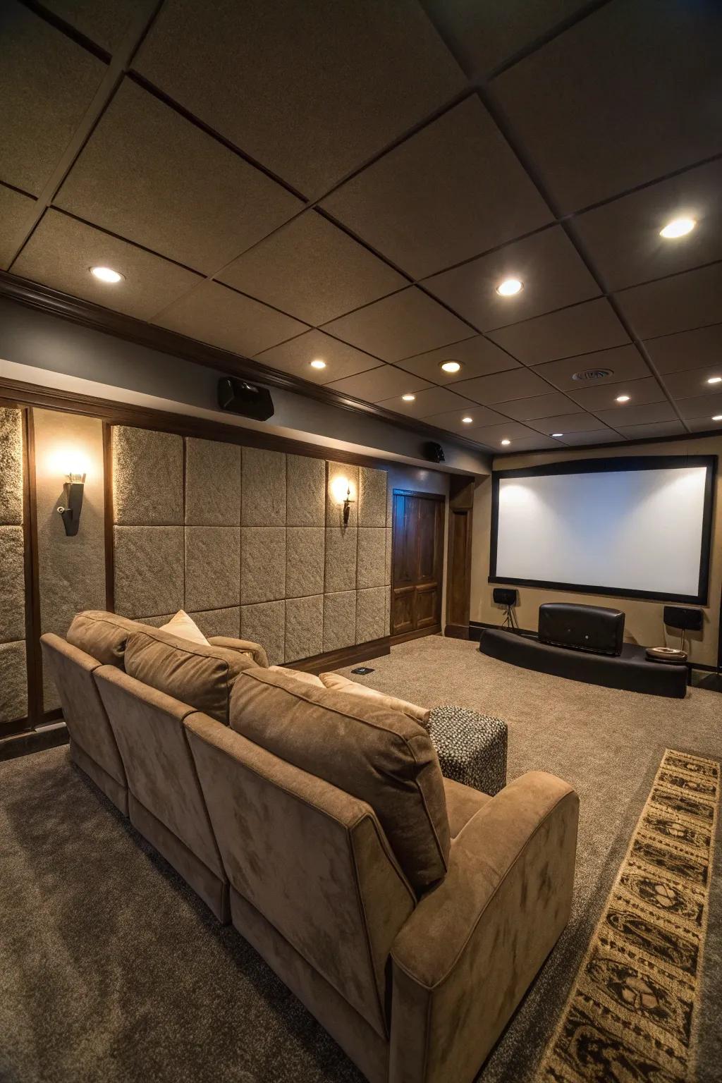An immersive basement home theater with plush seating and a large screen.