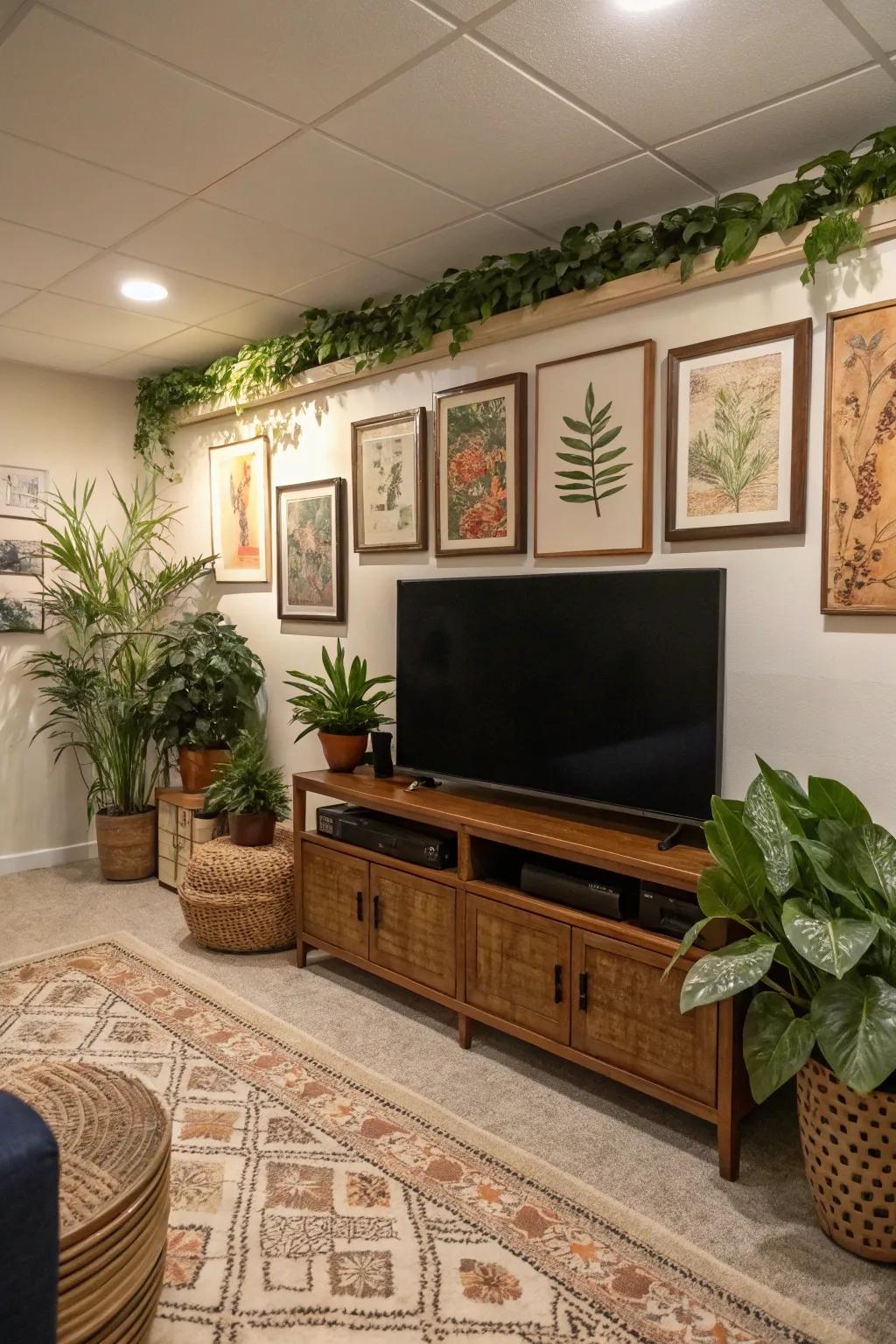 A basement TV area personalized with decorative artwork and greenery for added flair.