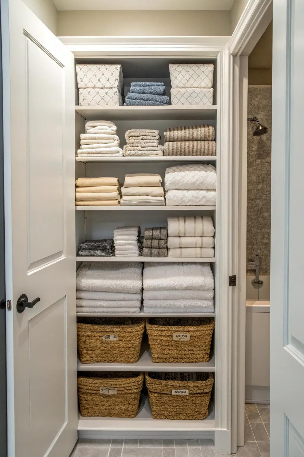 Deep shelves storing neatly folded towels and linens for optimal storage.