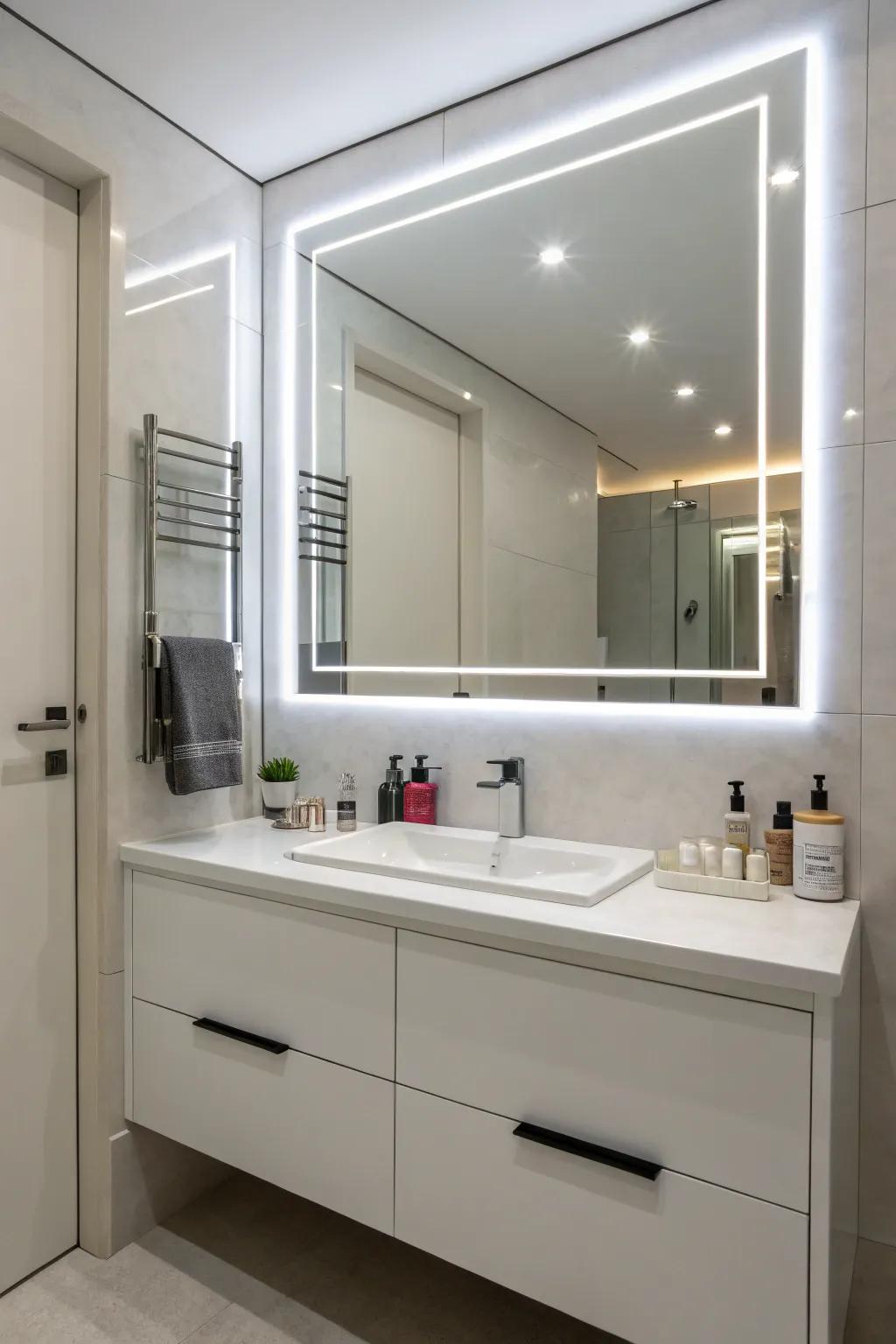 Integrated lighting in mirrors provides both style and utility.