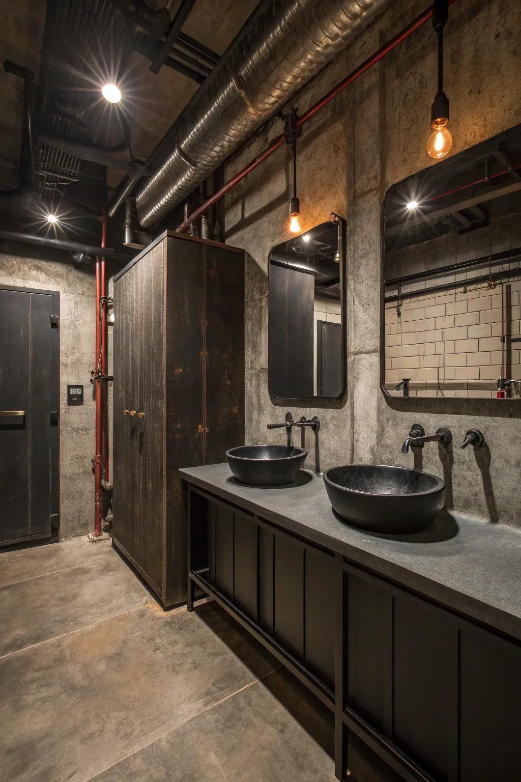An urban industrial style bathroom featuring metal accents and dark tones.