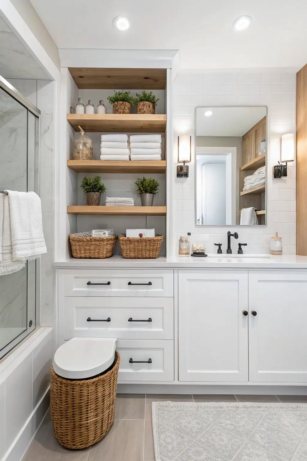 Smart storage alternatives maintain the cleanliness and stylishness of your bathroom.