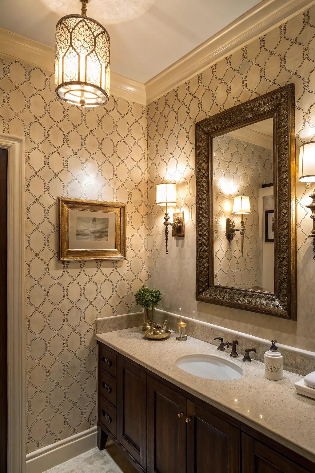 Textured paneling strikingly contrasts with refined sconces.