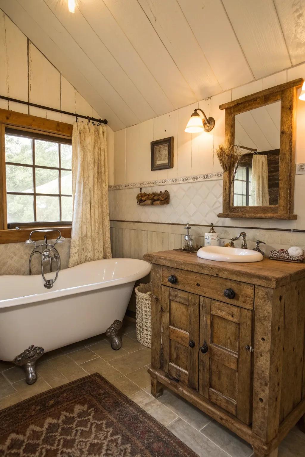 Fill your bathroom with vintage charm by using rustic accents.