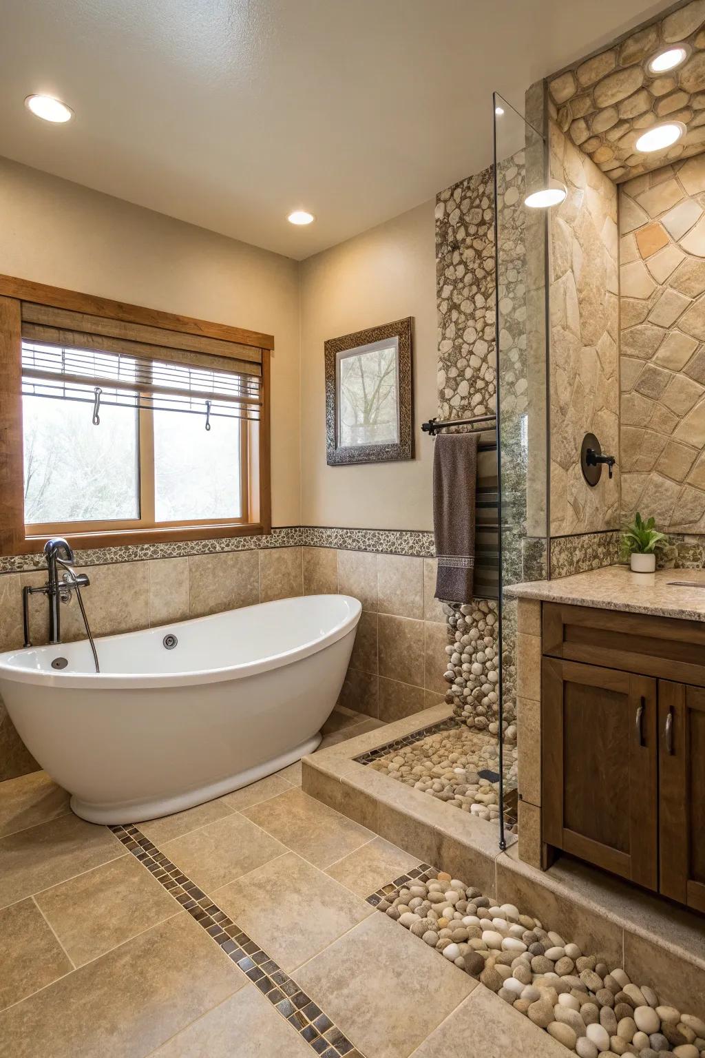 Earthy surrounds bring a soothing, natural sensation to the bathroom.