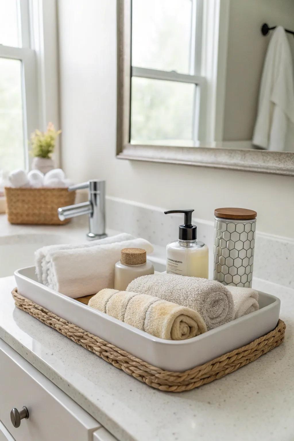 Delight your guests with a chic vanity display featuring carefully arranged towels.