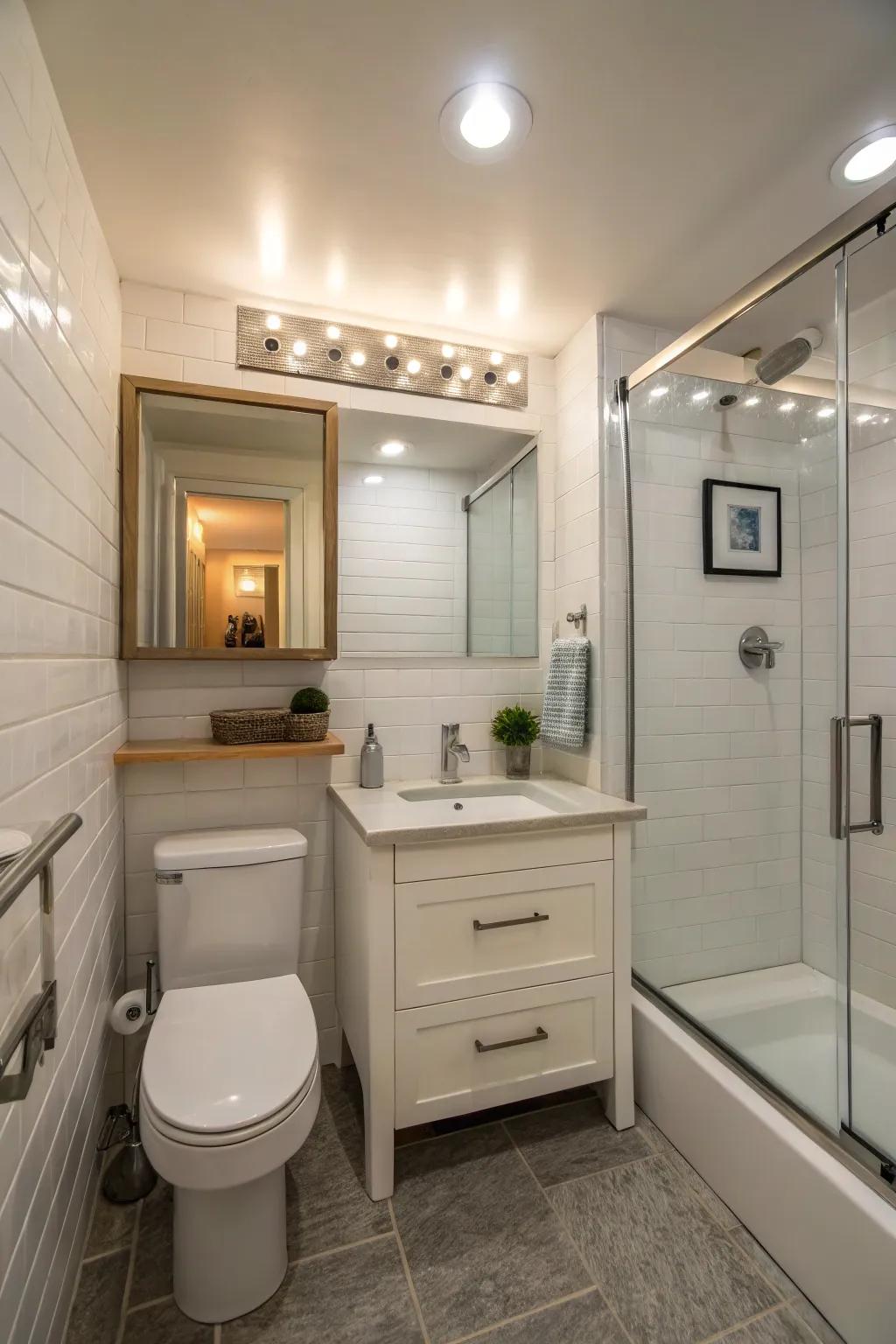 Small-scale modular lights are perfect for optimizing small bathroom spaces.