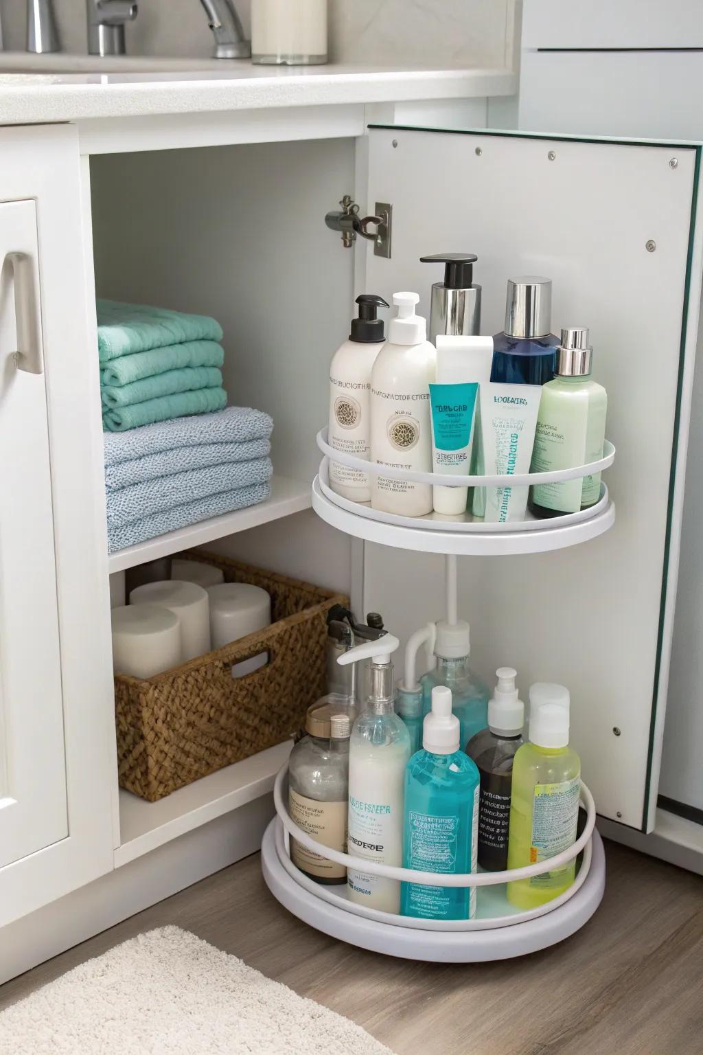 Rotating tray for straightforward access to cabinet items.
