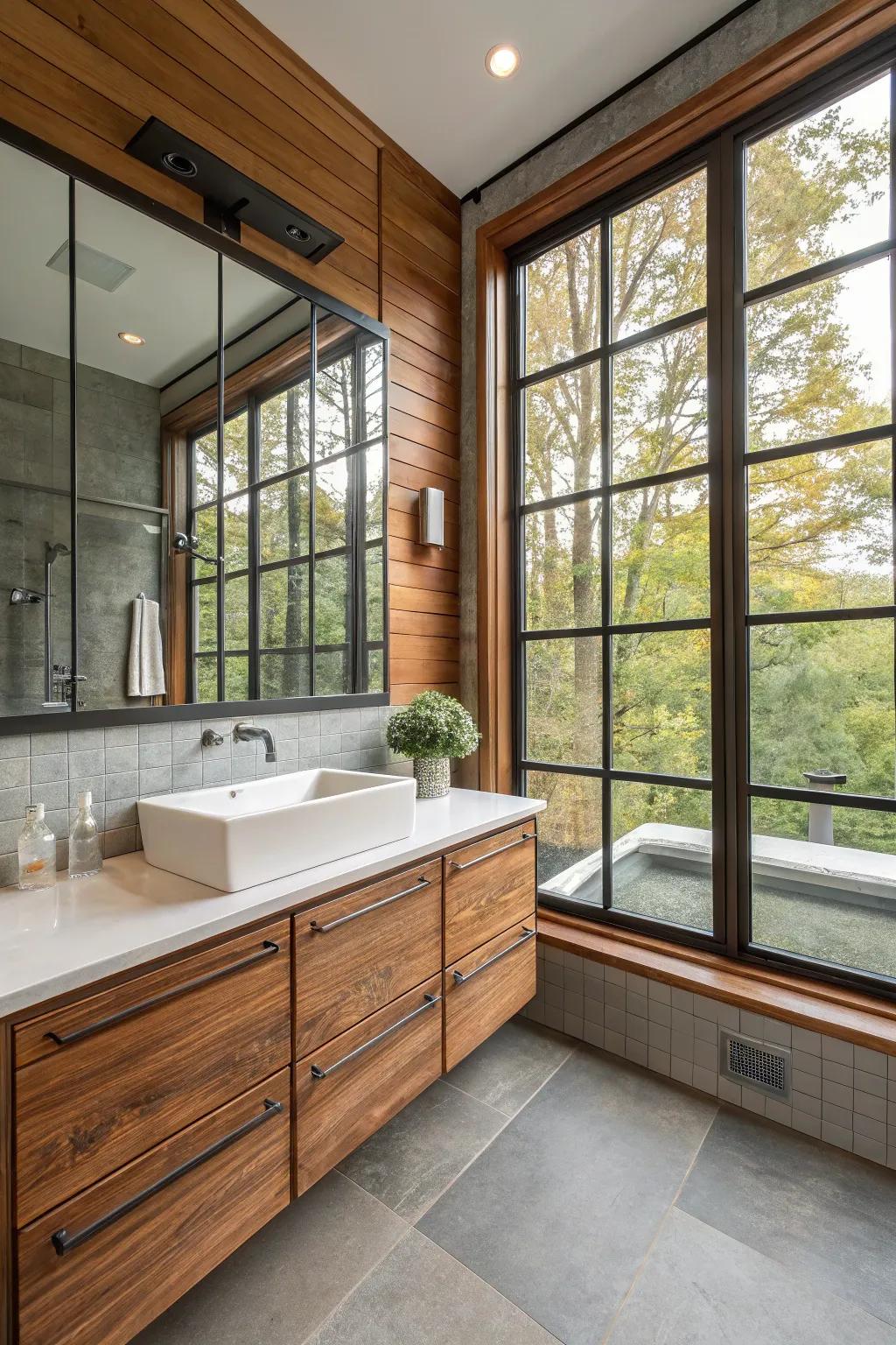 Blended materials enhancing tactile depth on bathroom windows.