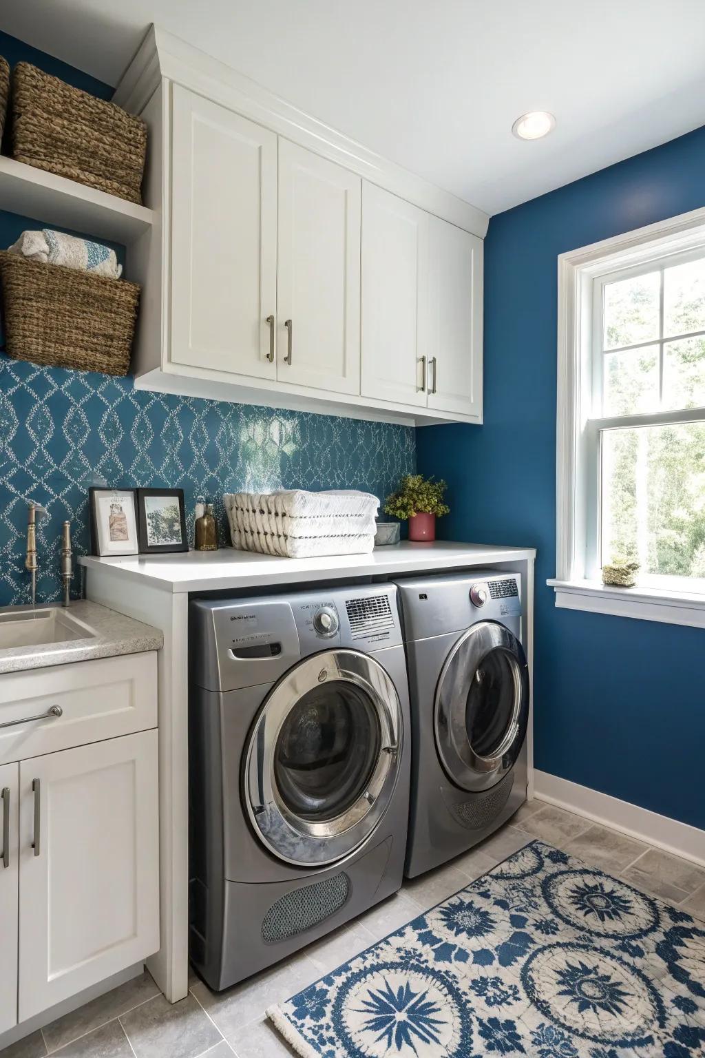 A statement wall adds color and flair to the laundry zone.