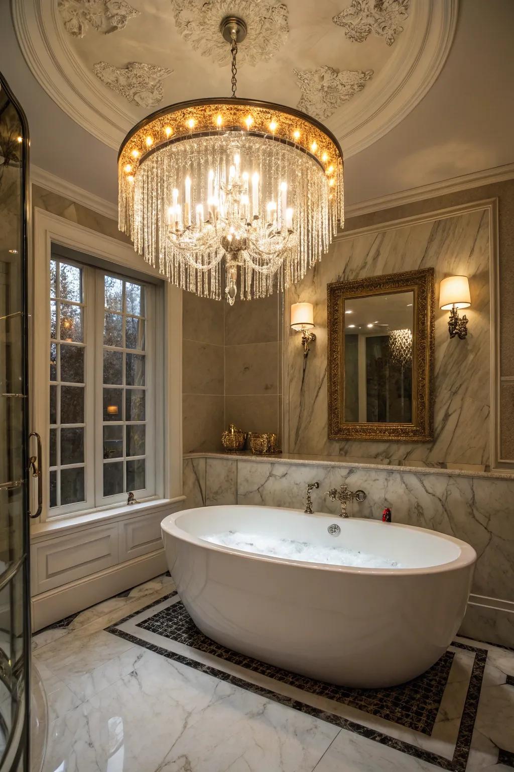 Statement lighting adds a touch of drama to your bathtub setting.