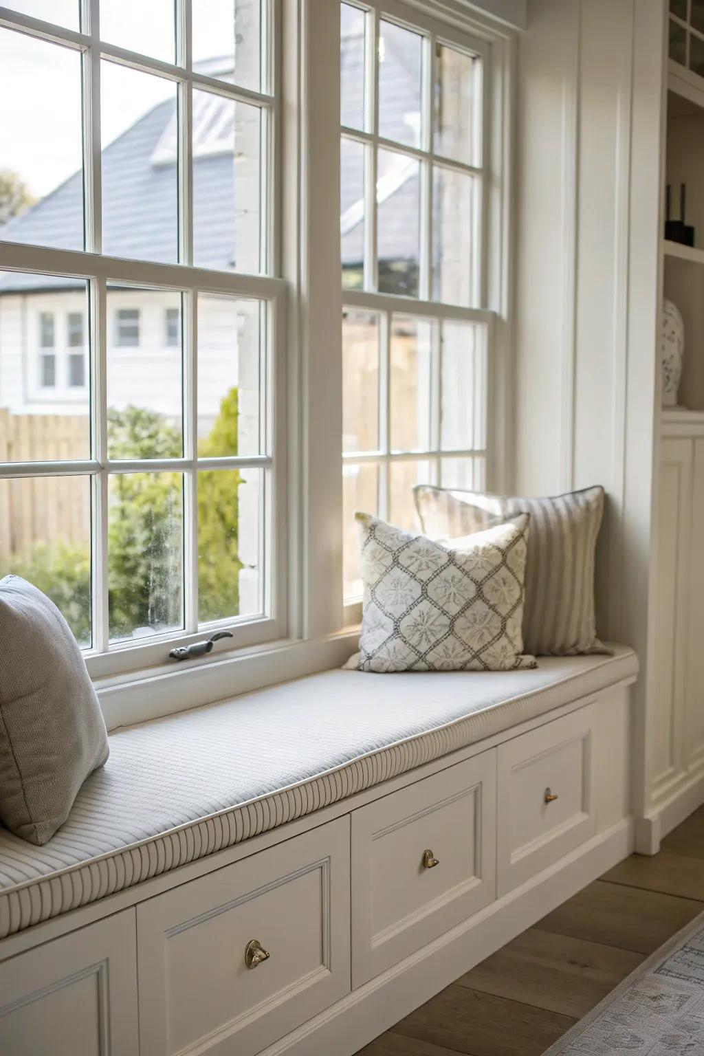 A minimalist bench seat delivers a sleek and modern touch to your bay window.