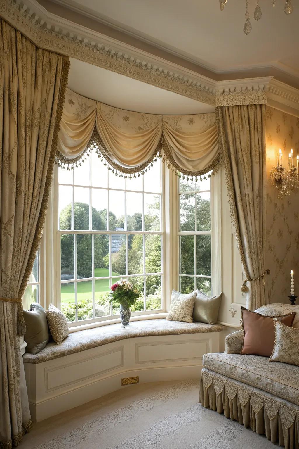 Swag and waved designs bring elegance to windows.