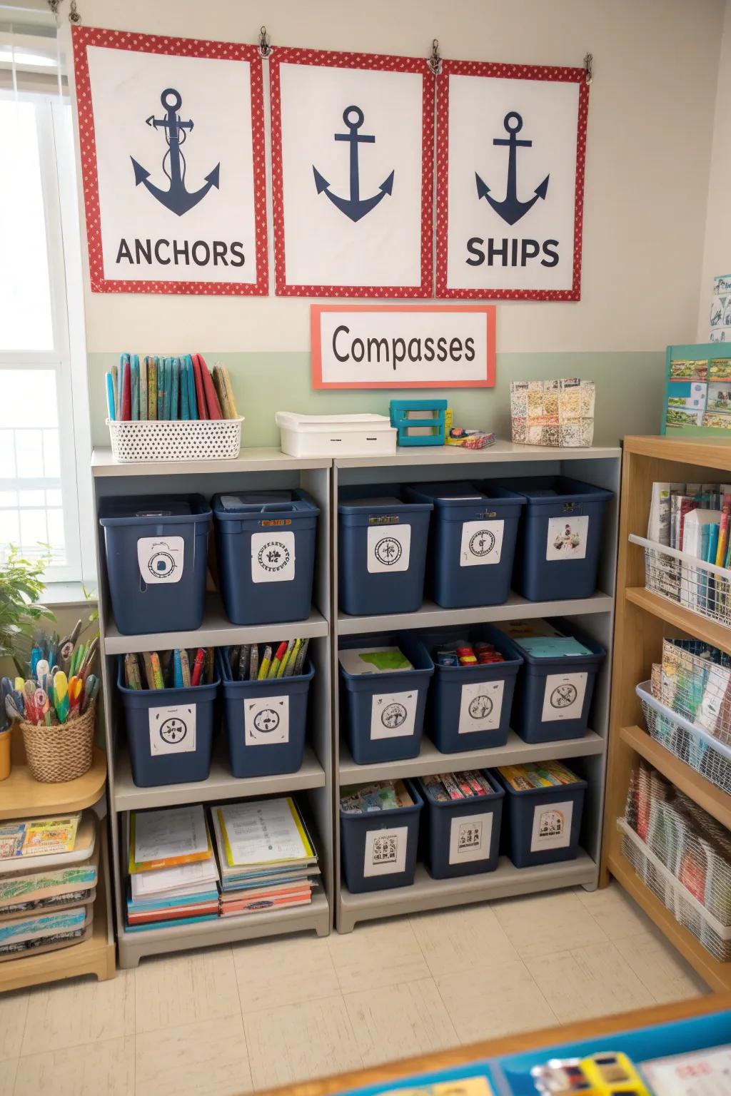 Maritime themed tags bring order and style to classroom organization.