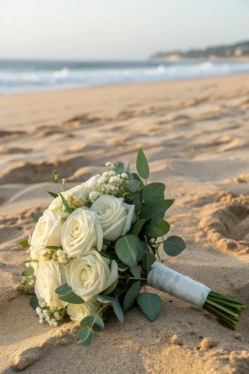 An understated white arrangement for a quintessential seaside wedding.