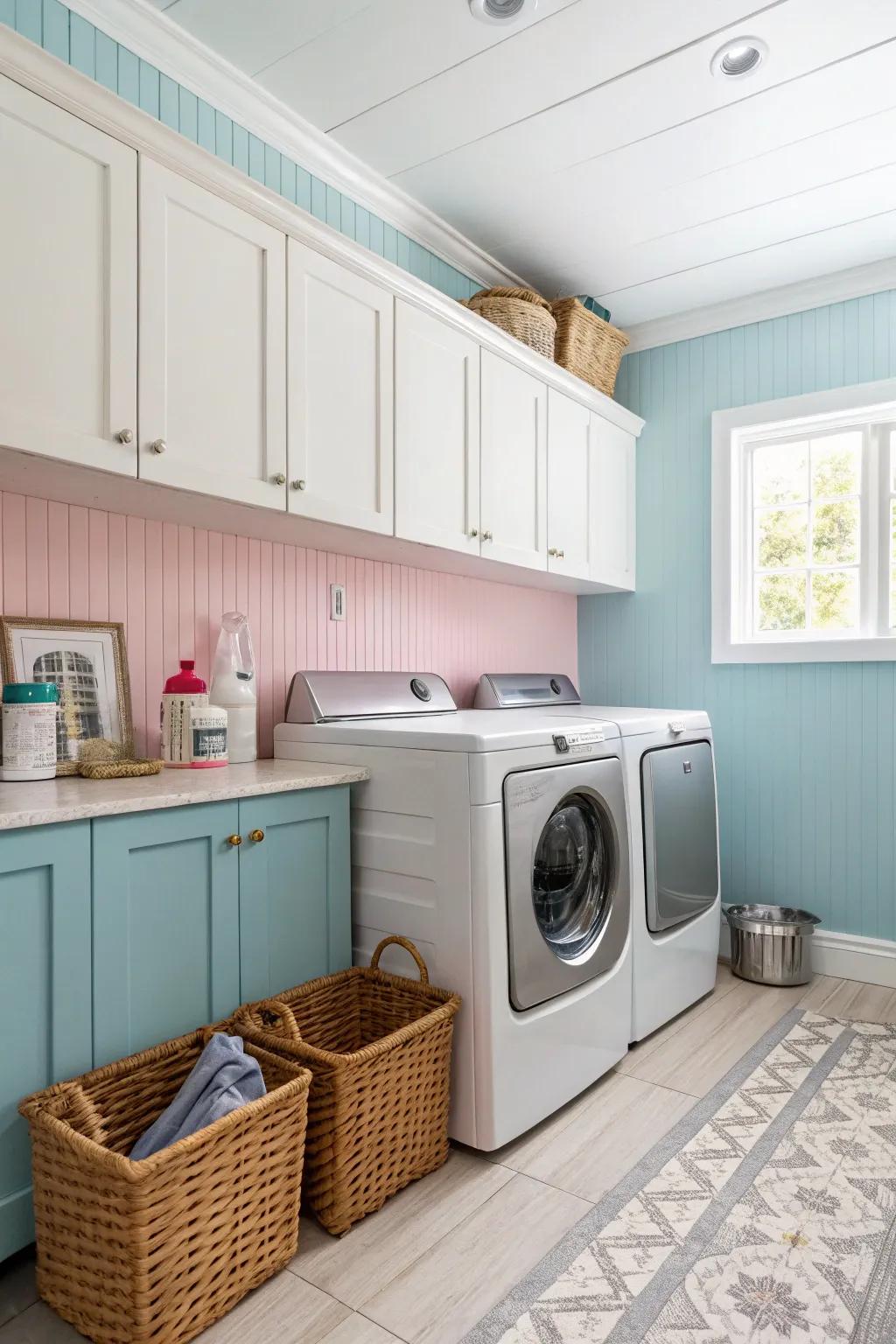 A playful laundry room featuring pastel plank panel walls.