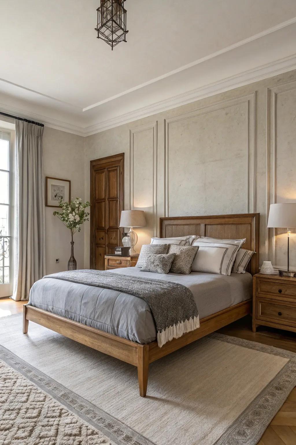 A simple bedroom with elegant decoration, radiating calm and sophistication.