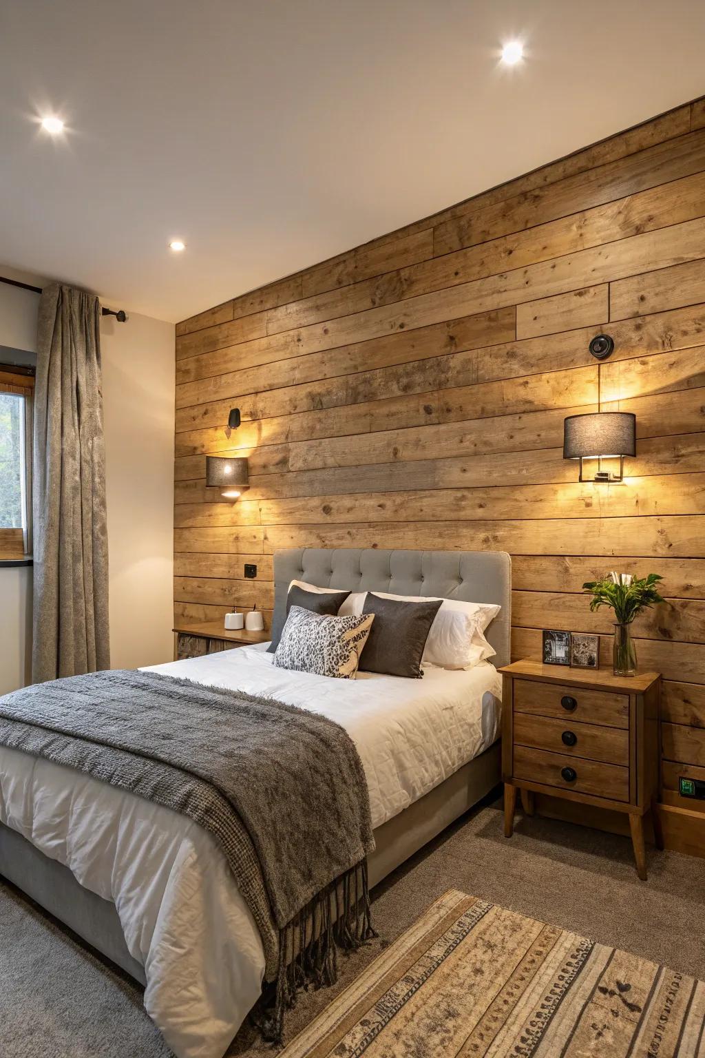 Timber cladding adds warmth and texture to this bedroom's feature wall.