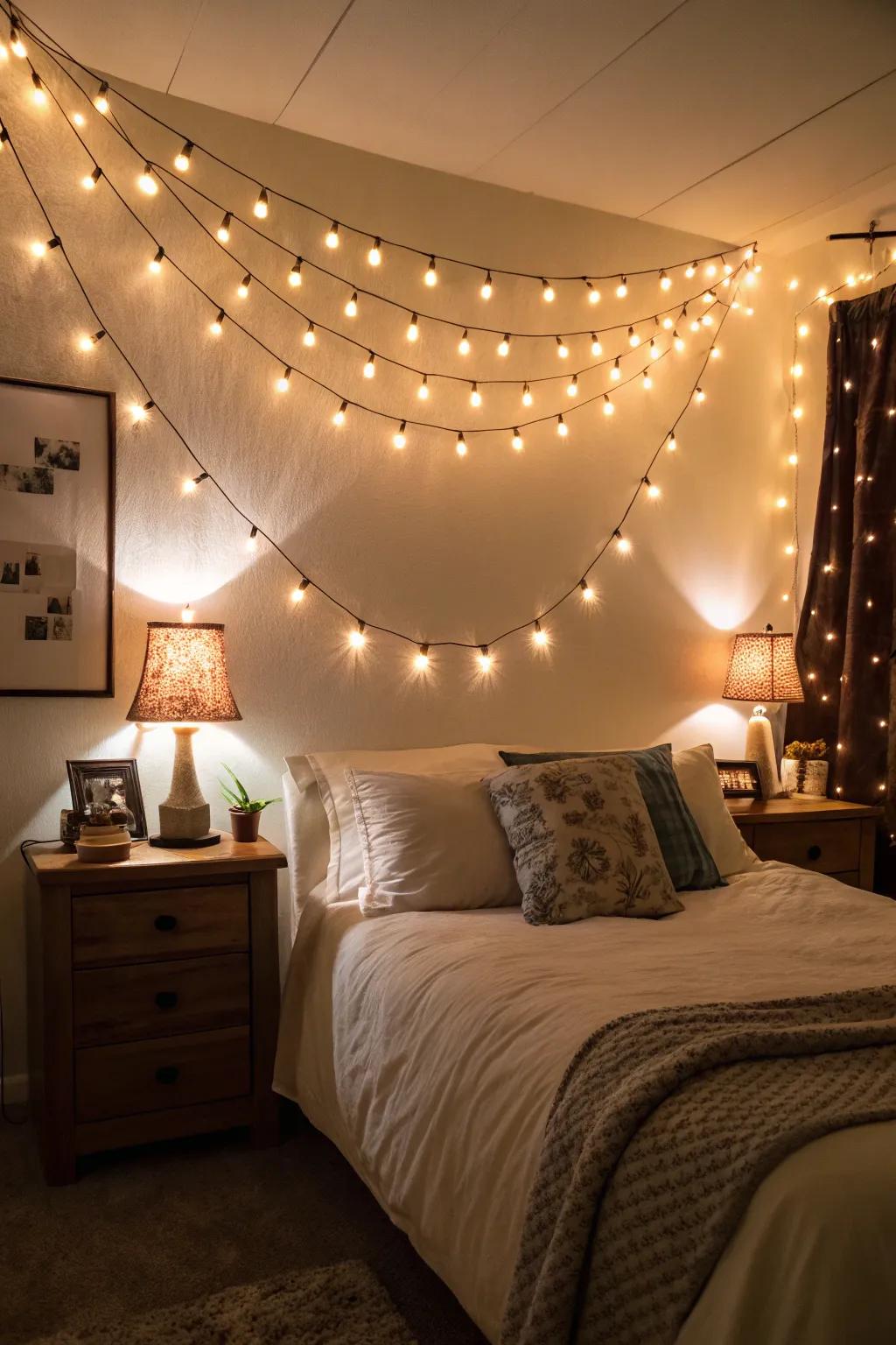 Soft lighting creates a warm and inviting atmosphere in this bedroom.