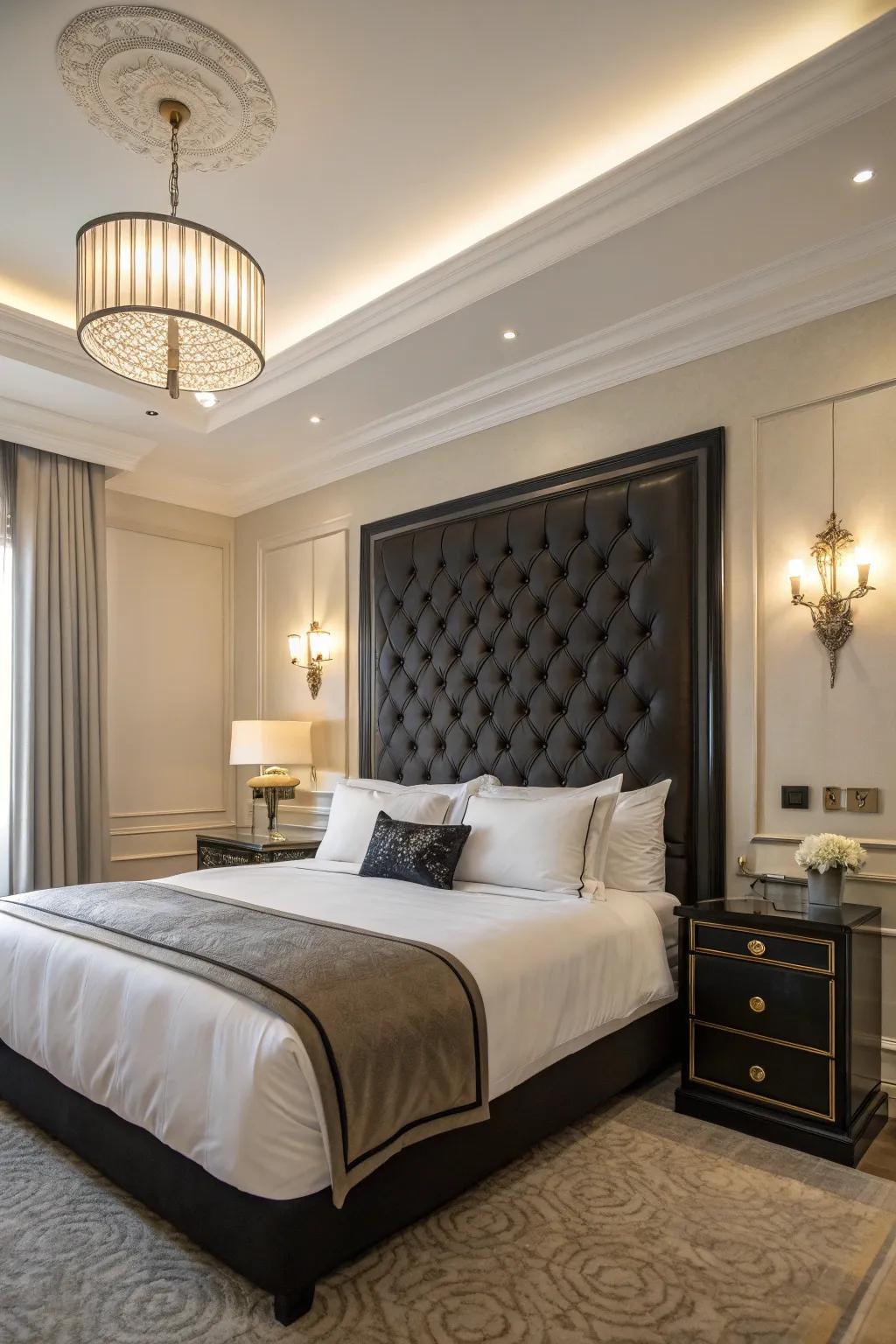 A striking black headboard serves as a focal point in a chic bedroom.