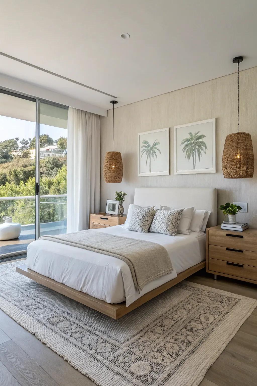 Wall-mounted bedside tables offer a smooth, modern style.