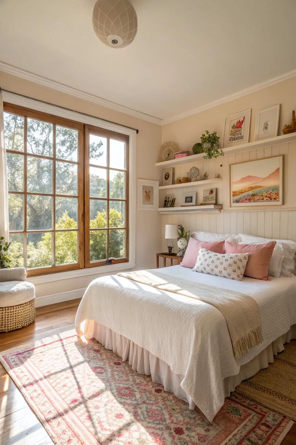 A bedroom gains warmth and spaciousness from natural light.