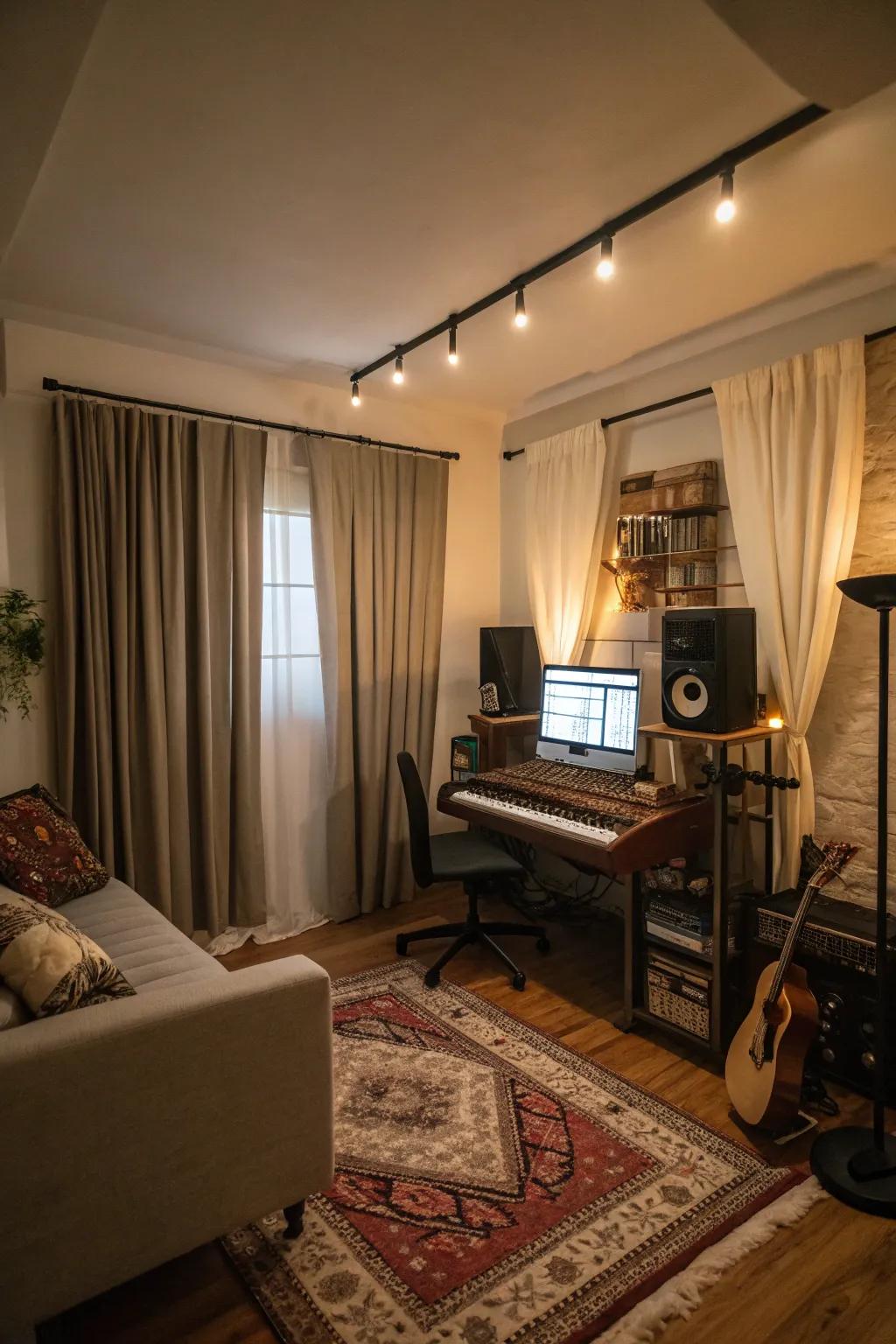 Soundproof curtains help maintain a calm and focused atmosphere in your music studio.