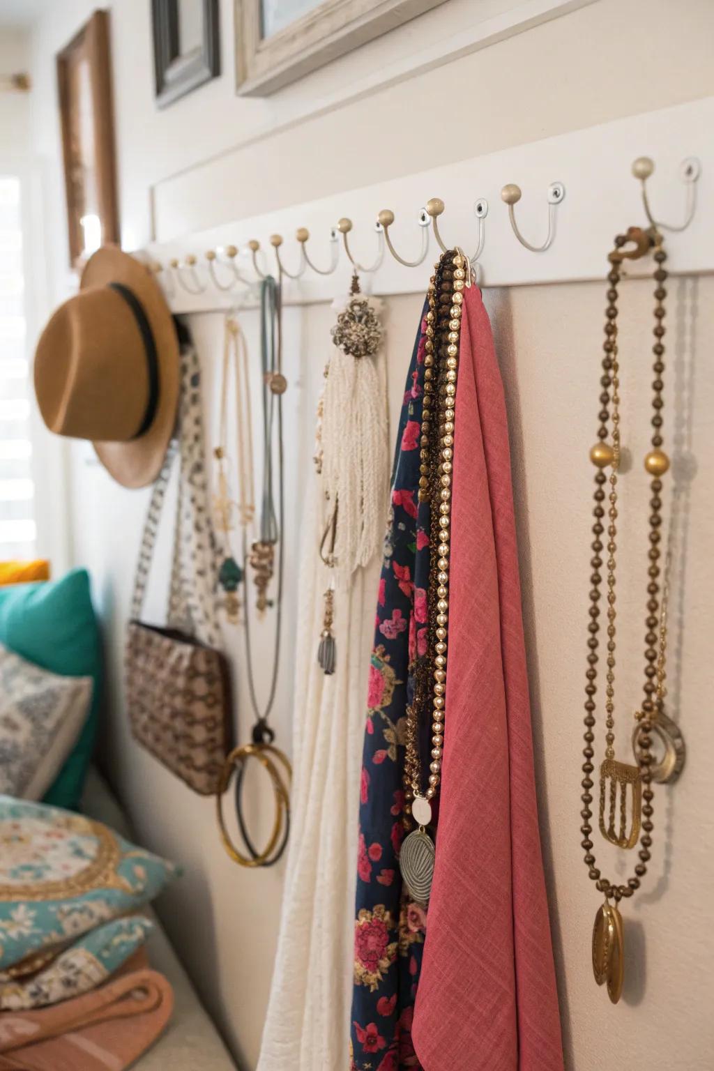 Keep accessories on show and arranged using wall hooks.