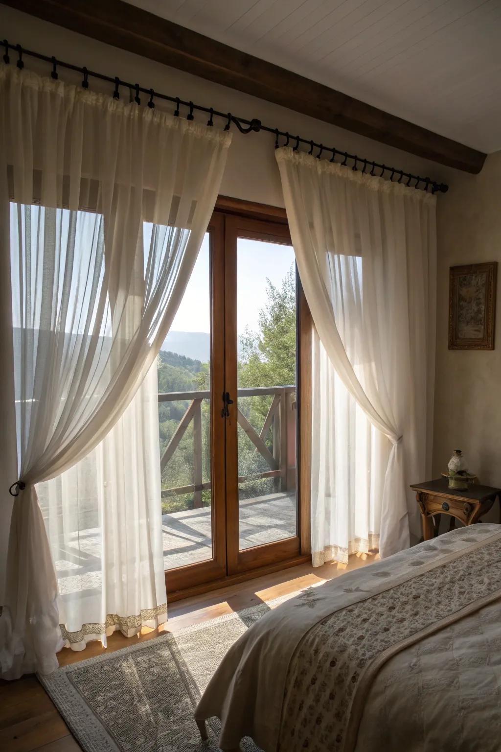 Layered drapes and sheers establish a soft and inviting ambiance.