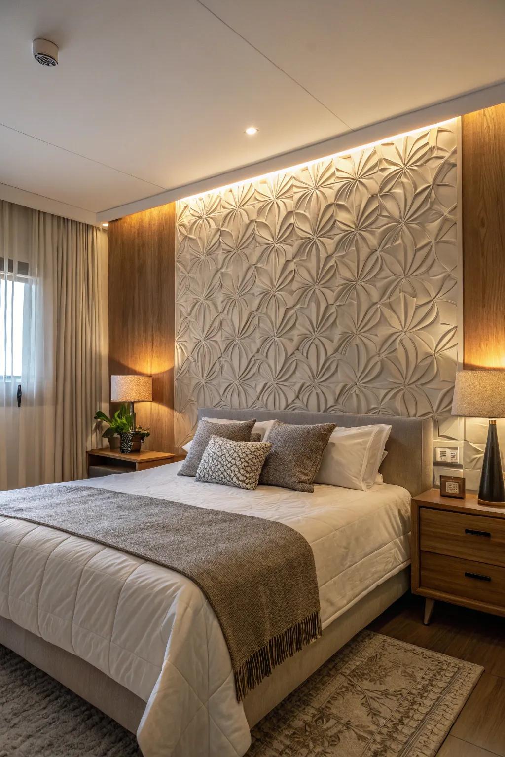 A bedroom featuring an eye-catching, textured wall.