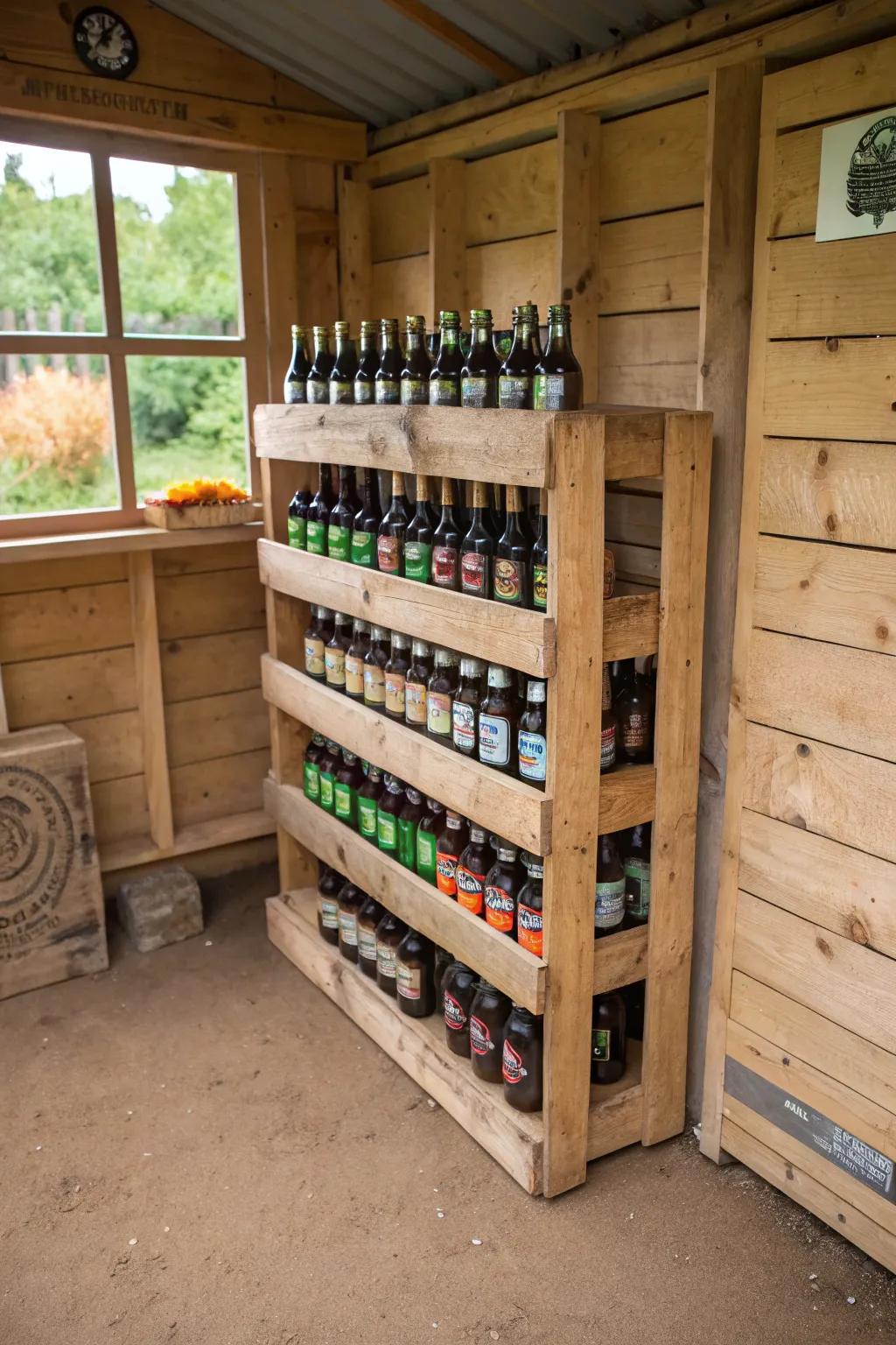 A reclaimed skid rack in a garden shed storing beer bottles.