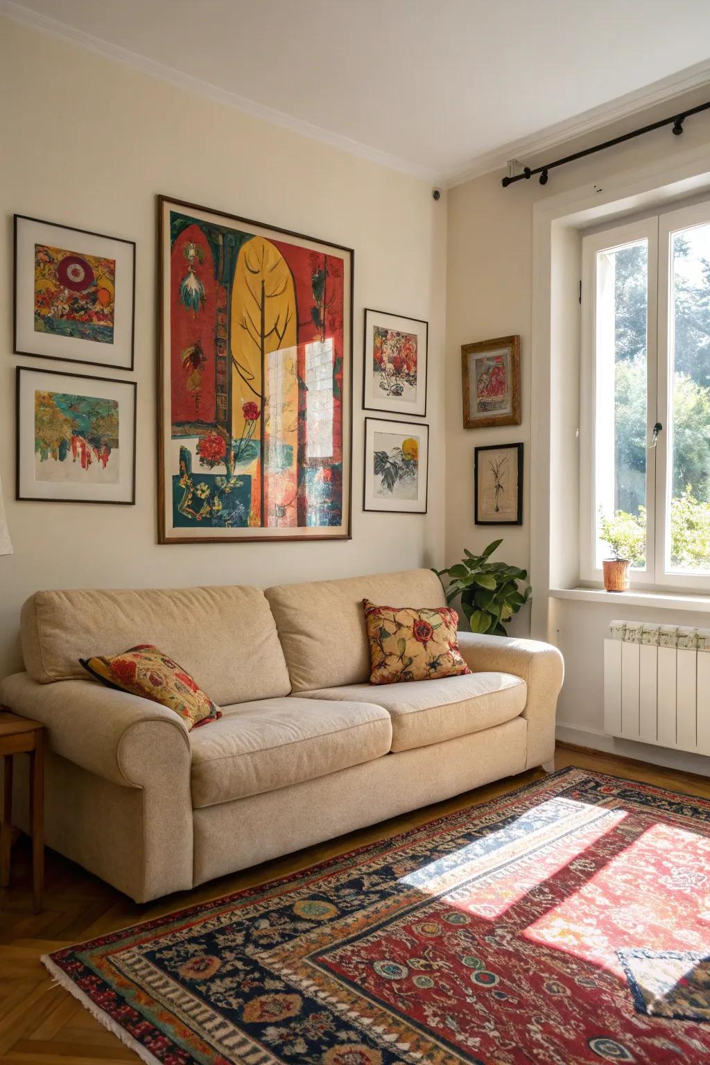 A lively space is created in a living room with a sand-toned sofa thanks to vibrant artwork.
