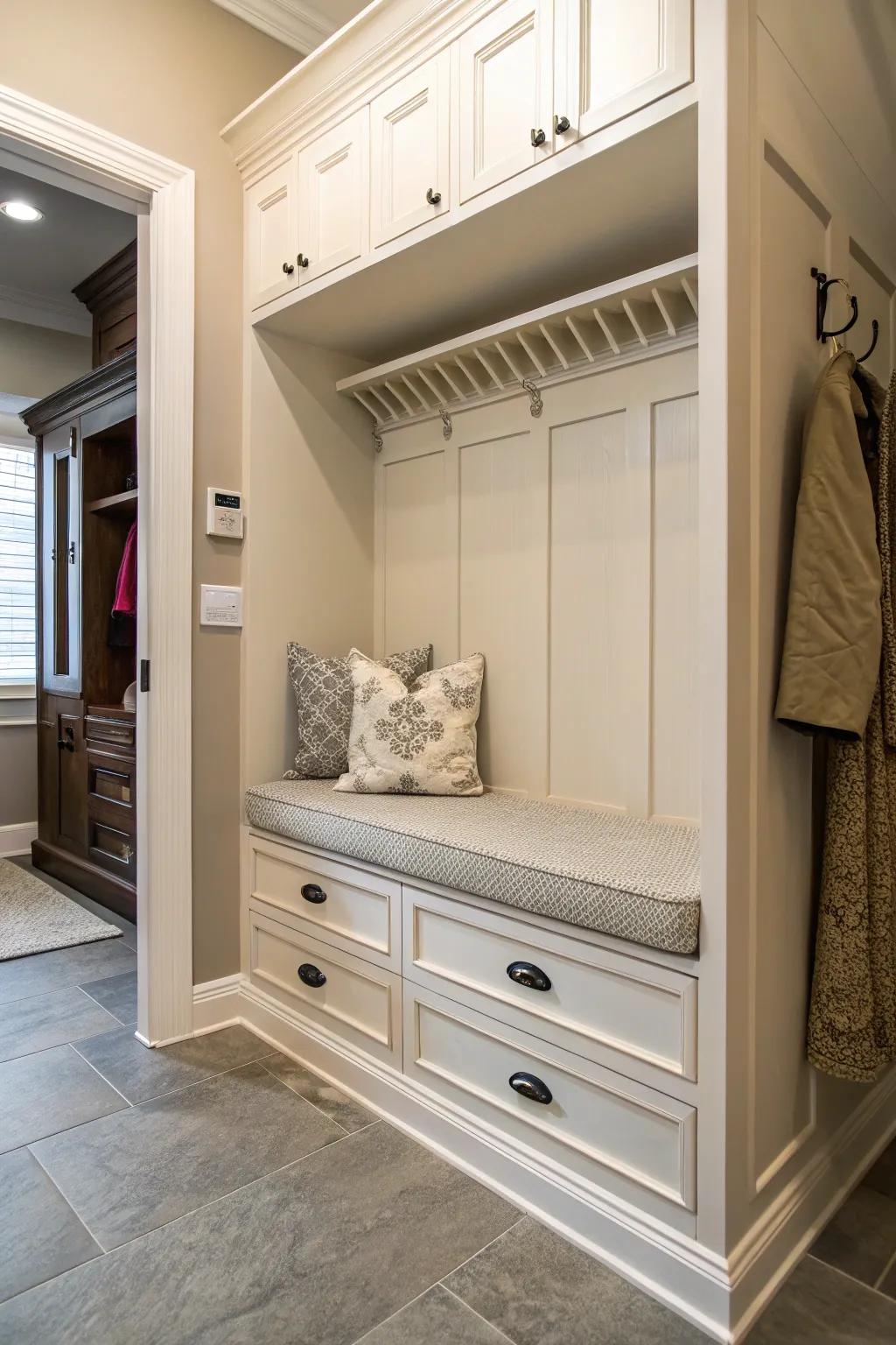 A bench with storage drawers under the cushion effectively maximizes space.