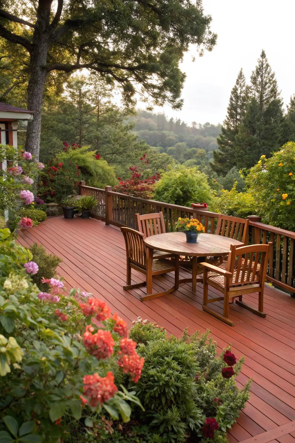 Redwood decks bring a lively touch to outdoor settings.
