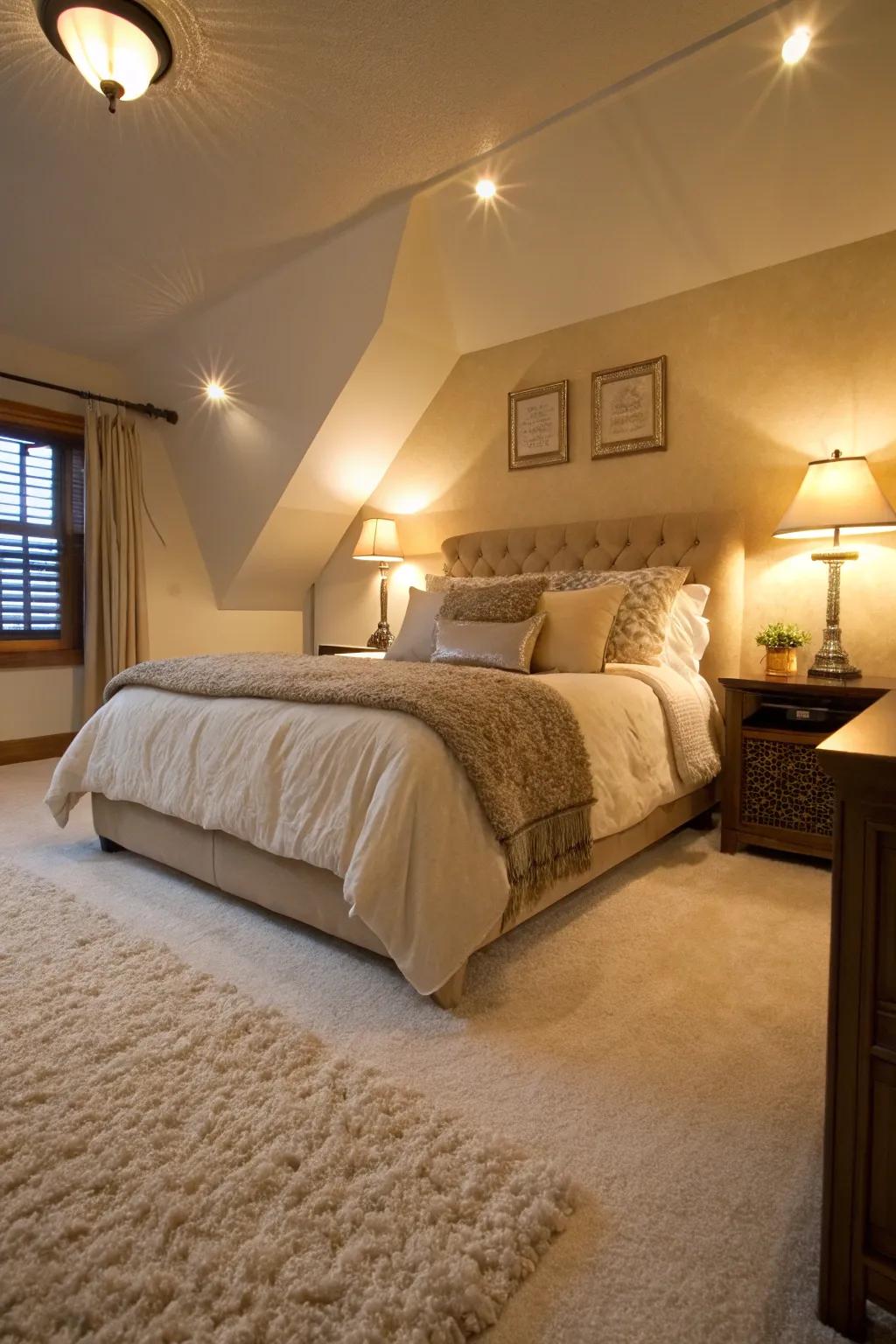 Carpet flooring creates a warm, inviting bedroom environment.